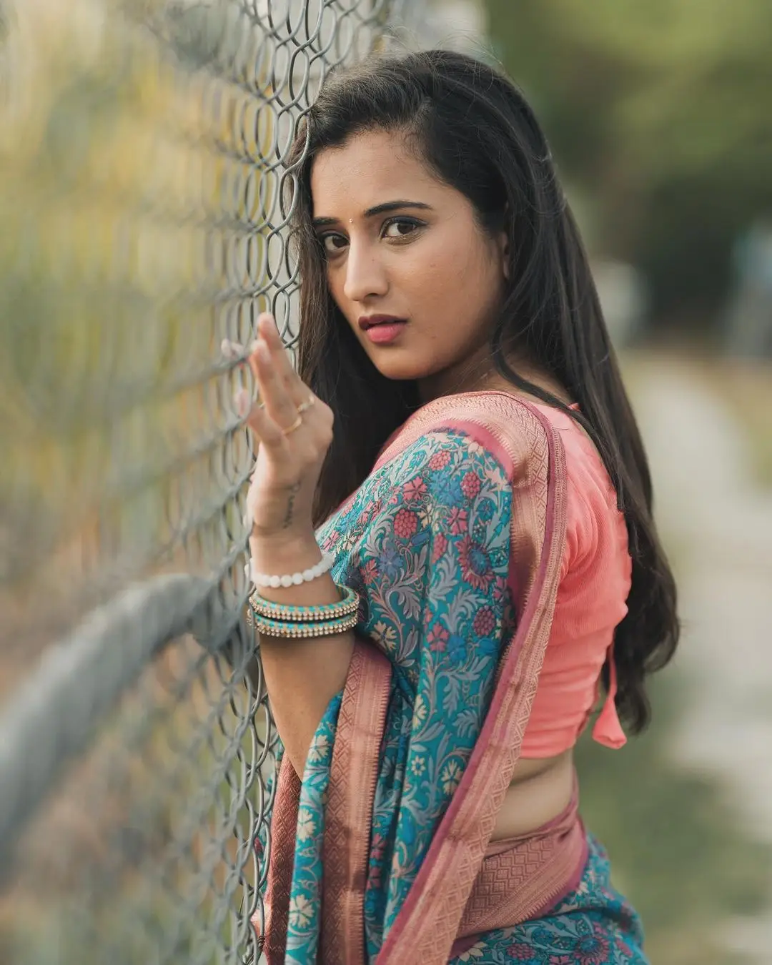 South Indian Actress Viraajita in Traditional Blue Saree Red Blouse